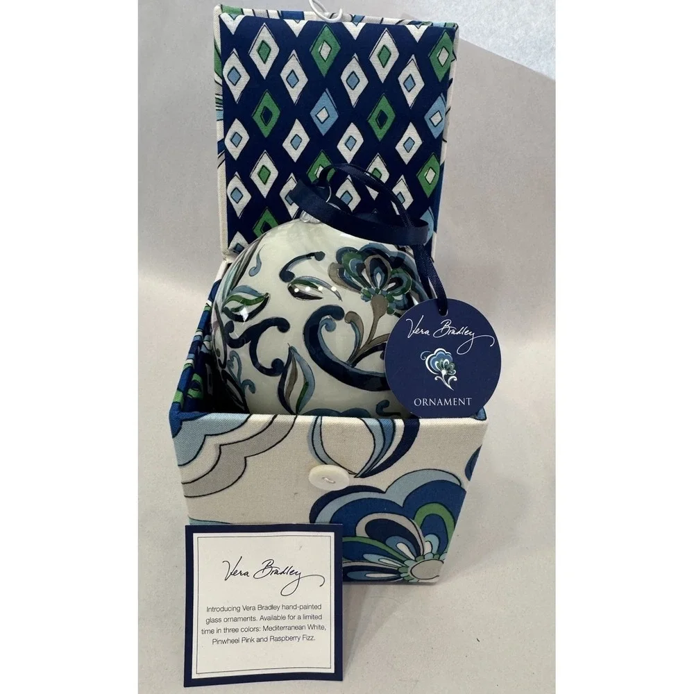 Vera Bradley Hand Painted Glass Ornament Mediterranean White Fabric Box